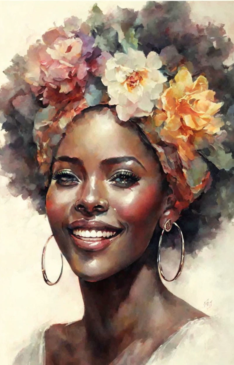 Smiling woman with flower crown and hoop earrings