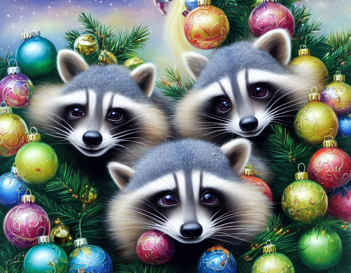 Raccoons peek through Christmas tree with baubles under starry sky