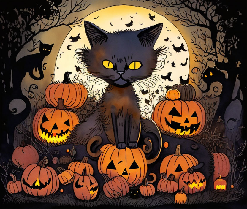 Stylized black cat with pumpkins, full moon, bats, and cat silhouettes