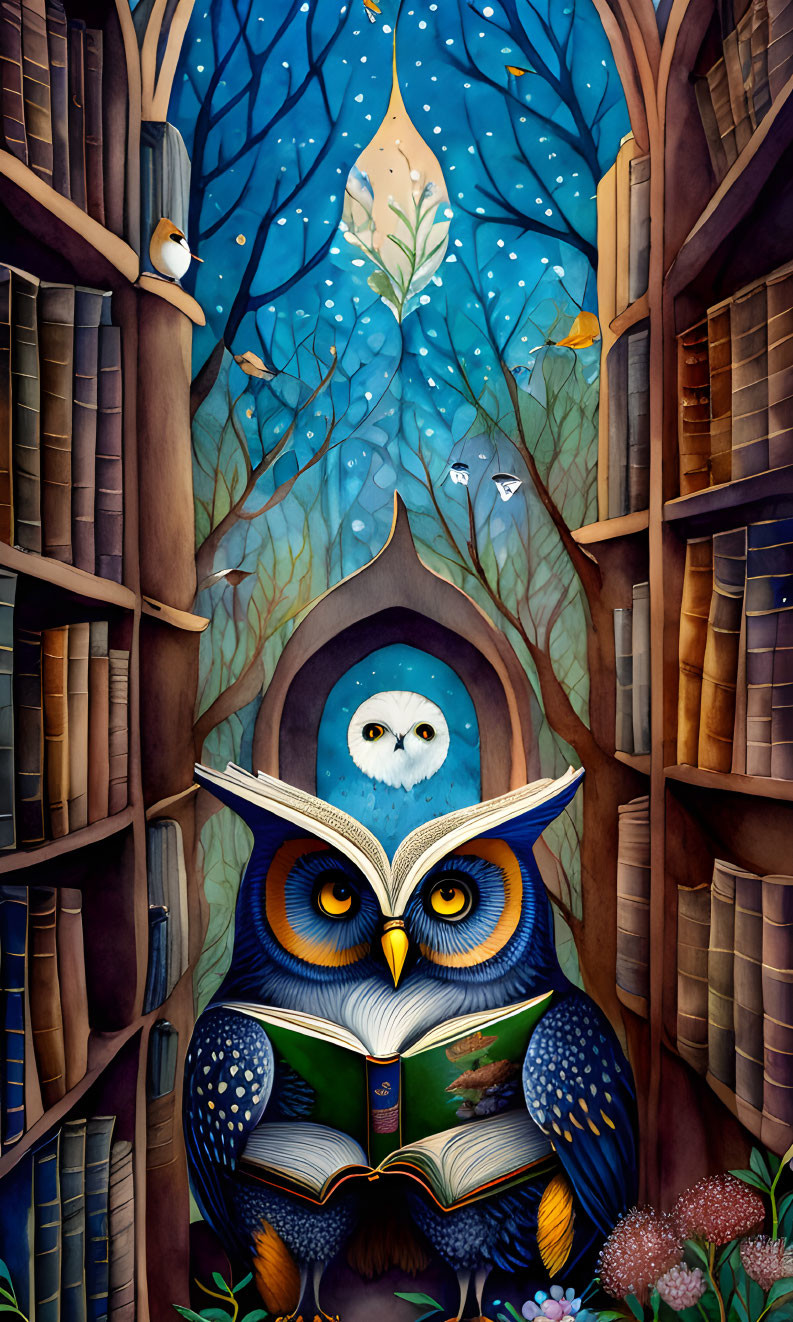 Owl reading book in library with tree shelves and fish lantern