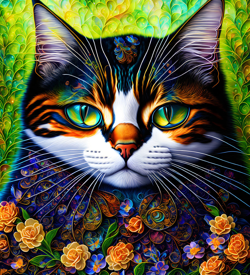 Colorful Psychedelic Cat Artwork with Floral Patterns