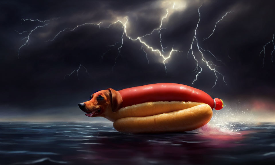 Whimsical dachshund hot dog bun art with lightning backdrop