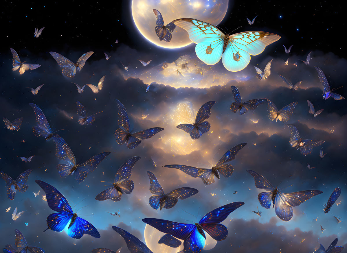 Cosmic scene featuring fluttering butterflies and celestial elements