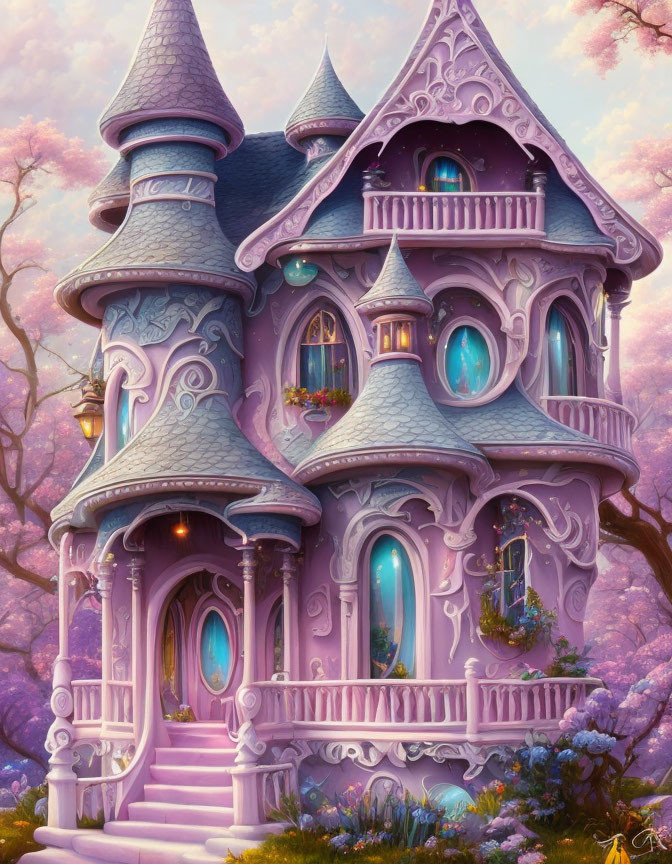 Violet fairytale castle with pink blooming trees and ornate details