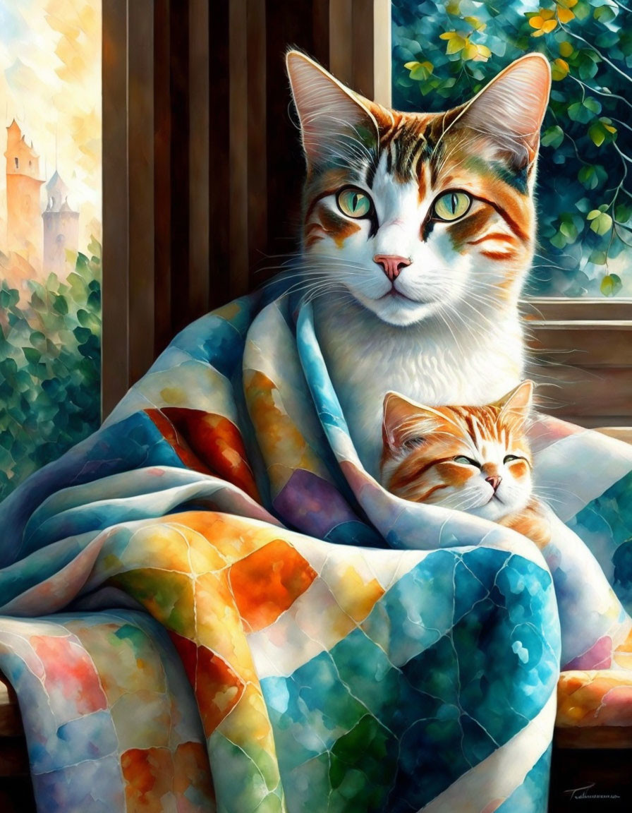 Adult cat and kitten wrapped in quilt with castle view in background