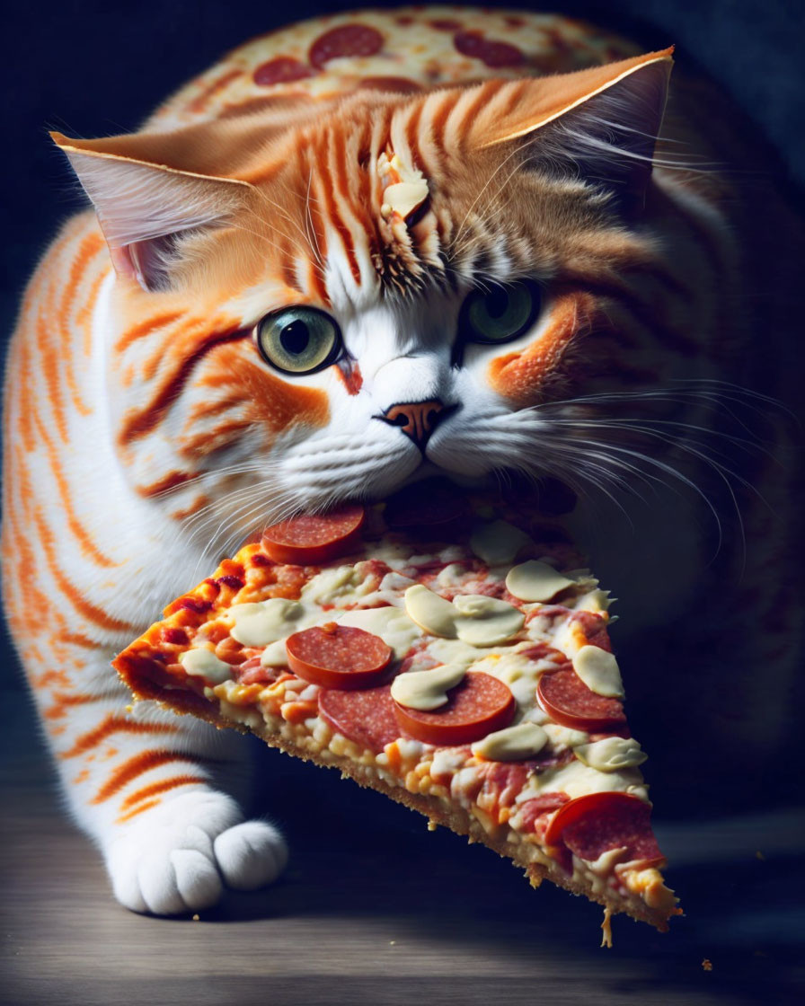 Large Orange Tabby Cat with Pepperoni Pizza Slice Integration