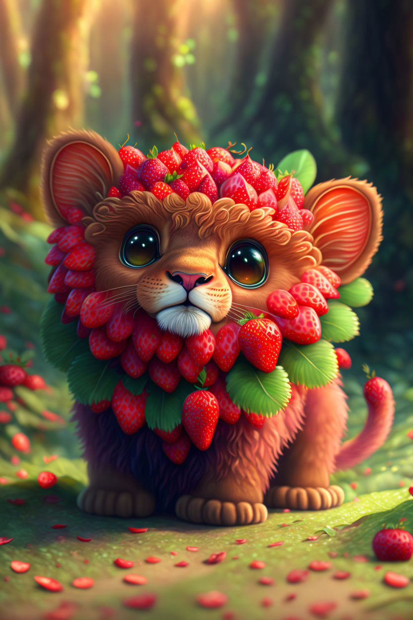 Cute lion cub surrounded by strawberries illustration