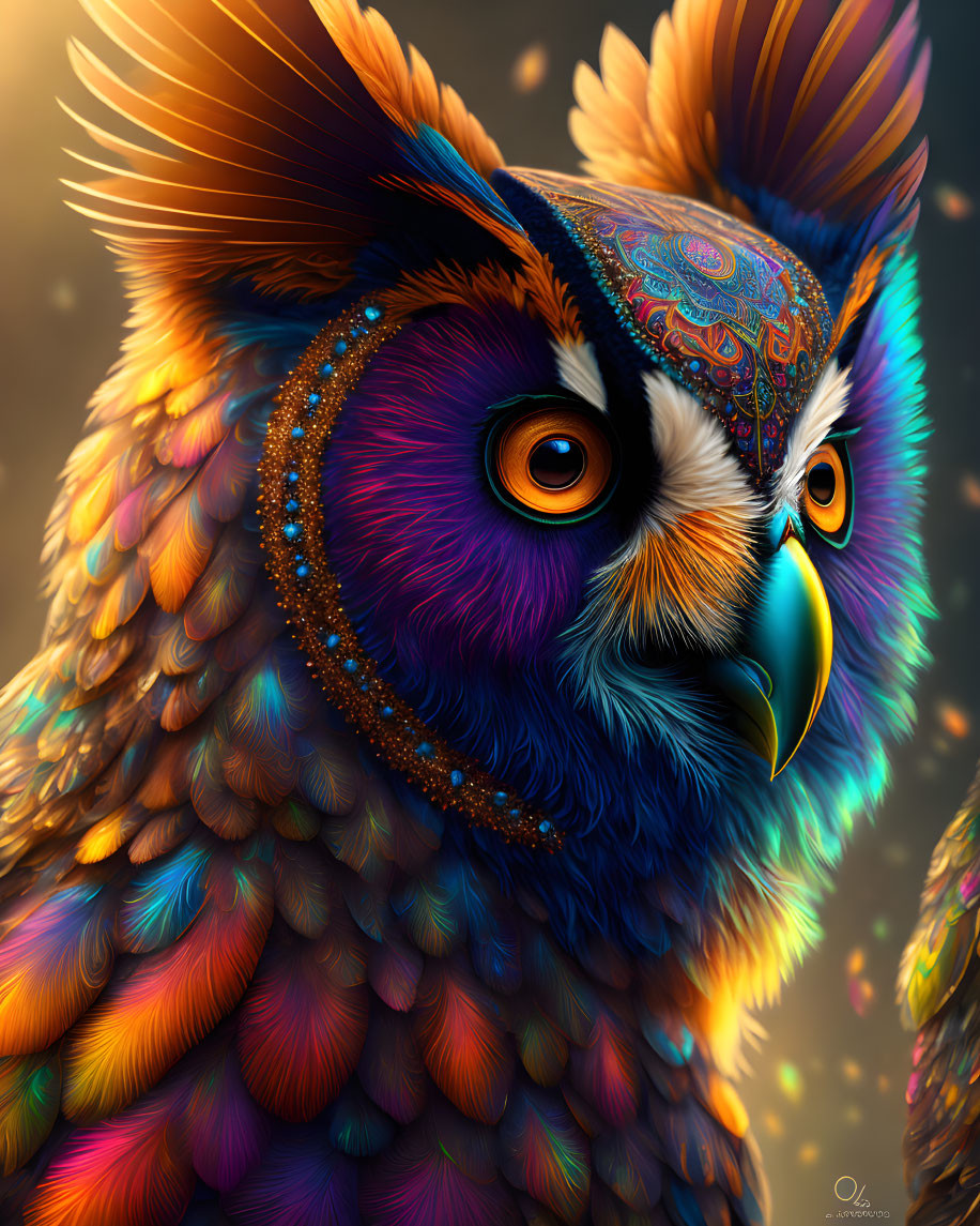 Colorful Owl Artwork with Intricate Patterns and Ornamental Details