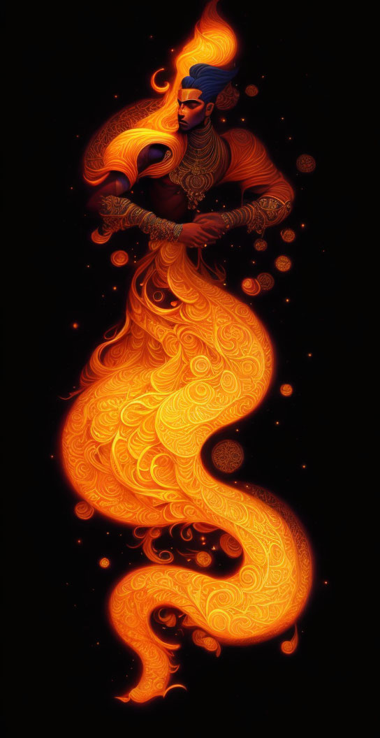 Illustration of mystical figure with fiery tail on dark background