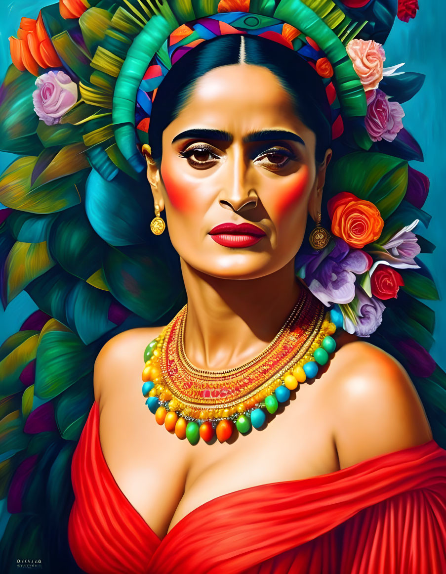 Colorful portrait of a woman with floral hair decorations and beaded necklace