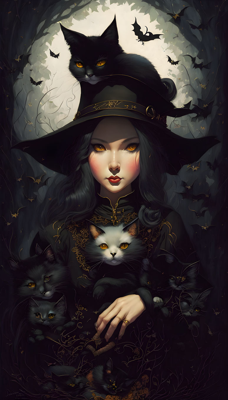 Stylized witch with black cats in moonlit forest illustration