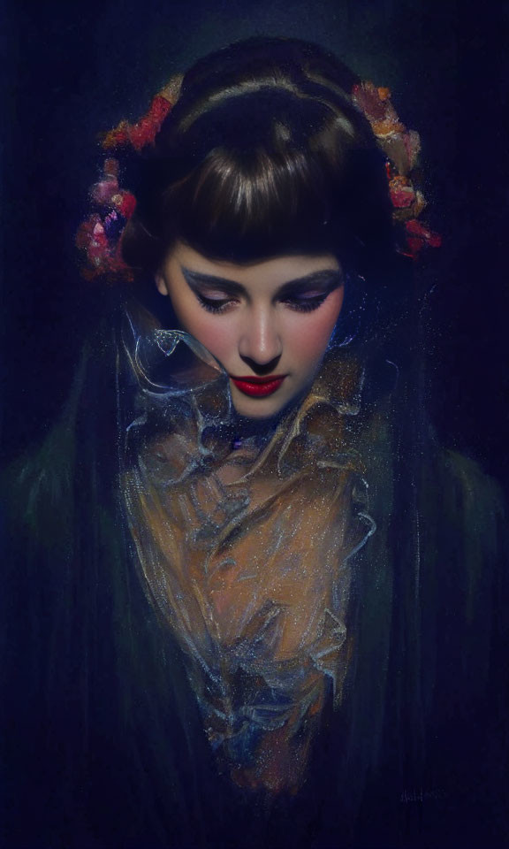 Vintage Portrait of Woman with Flower Adornments and Dark Tones