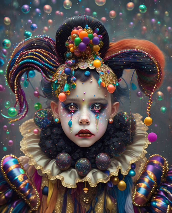 Colorful avant-garde makeup portrait with ornate hair and iridescent bubbles