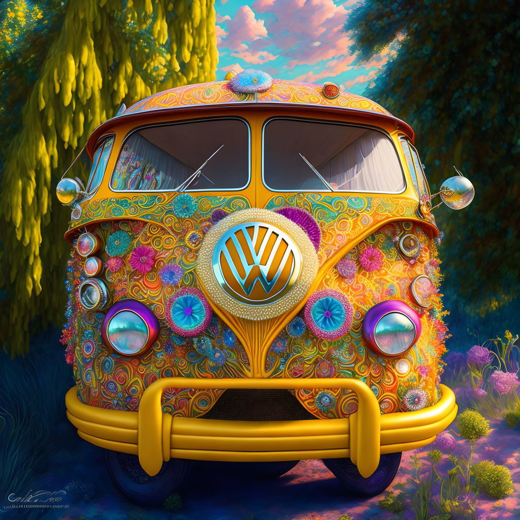 Colorful VW Bus with Floral Designs in Forest Scene