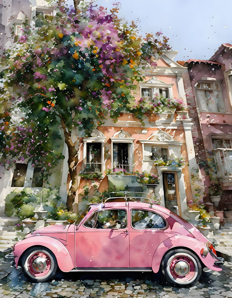 Pink vintage car watercolor illustration on quaint street with blossoming trees.