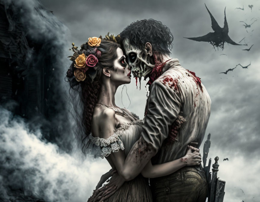 Gothic scene: woman in vintage dress with zombie-like figure, bats, and smoke