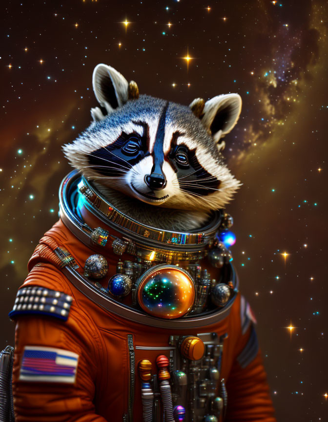 Detailed Astronaut Raccoon in Cosmic Background