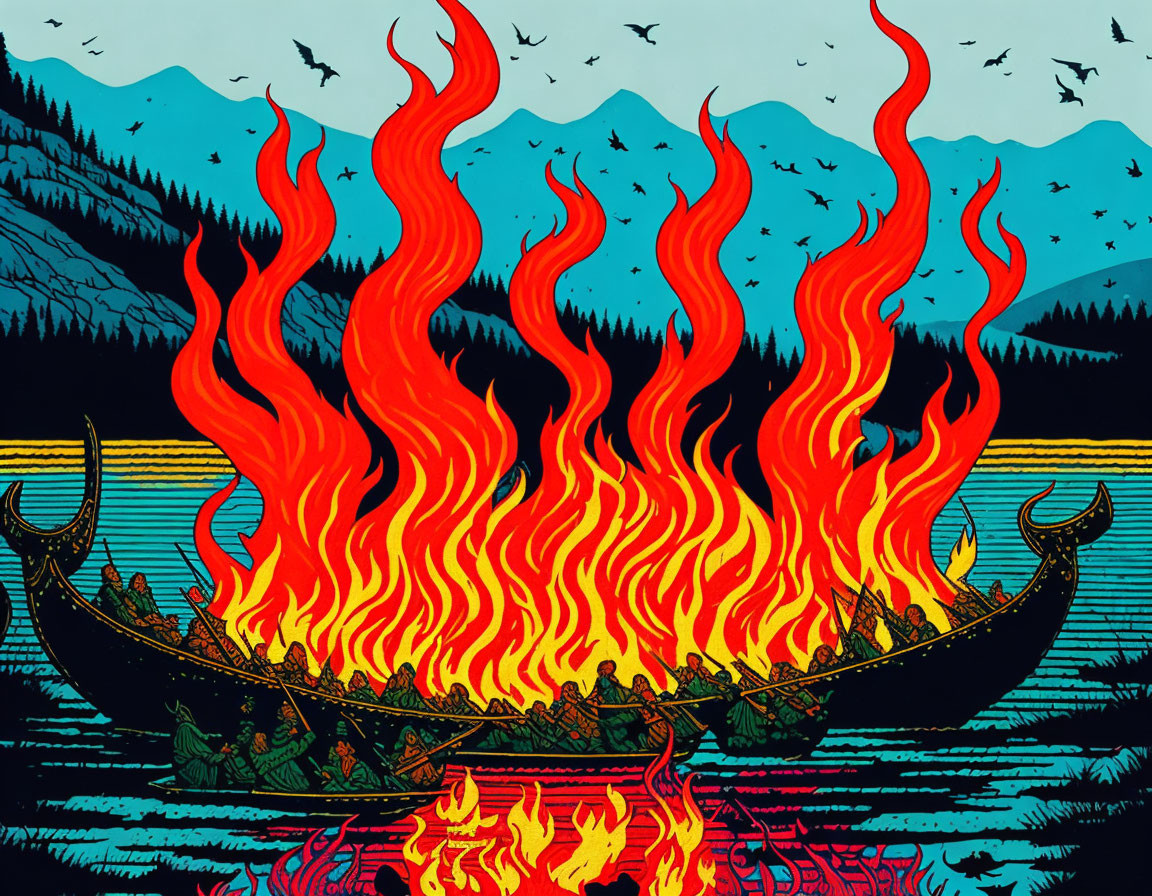 Detailed Viking longship in flames against mountain backdrop.