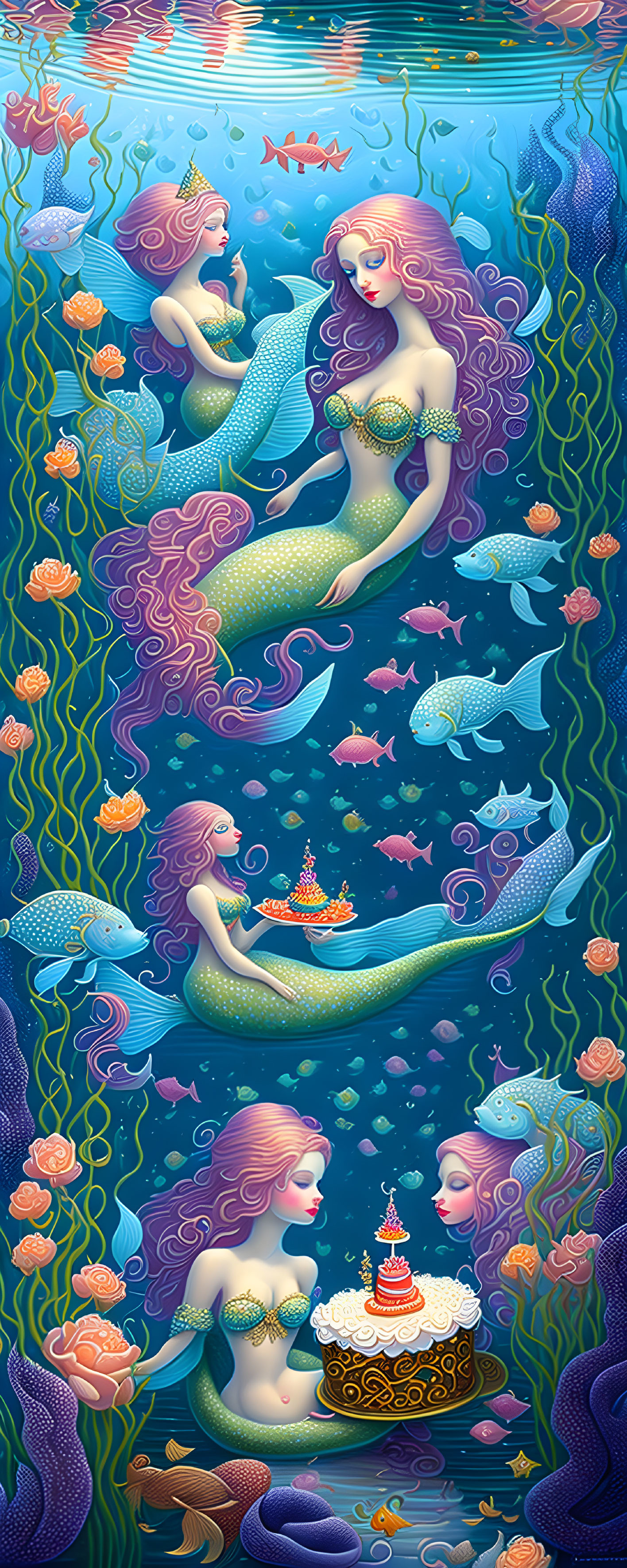 Colorful Mermaid Artwork Featuring Underwater Scene and Cake