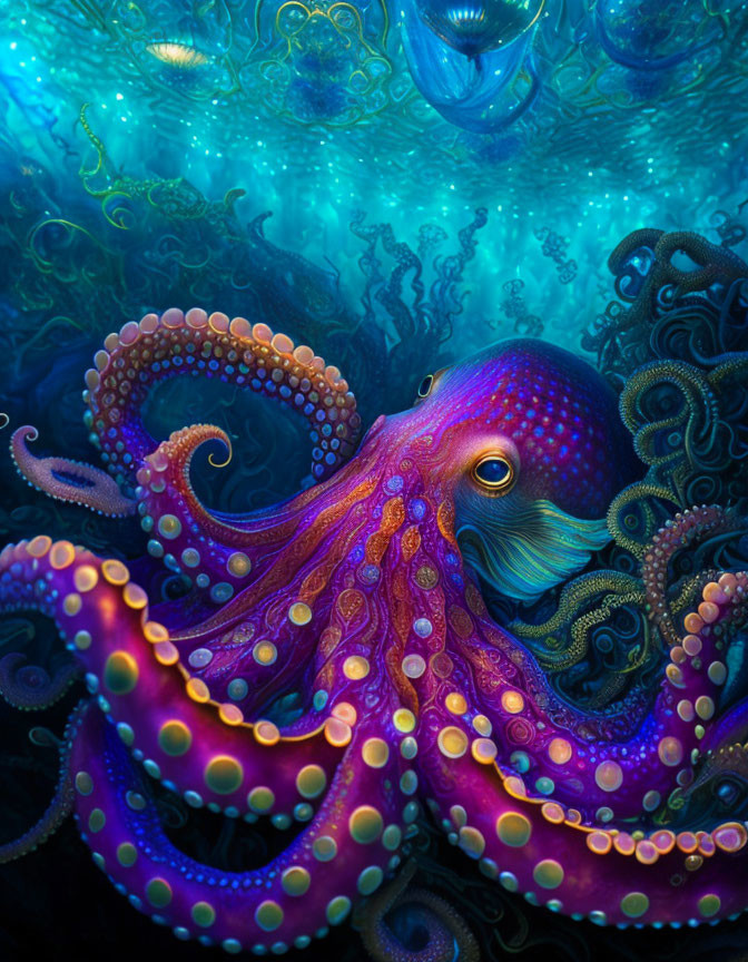 Colorful Octopus with Suction-Cupped Tentacles in Underwater Scene