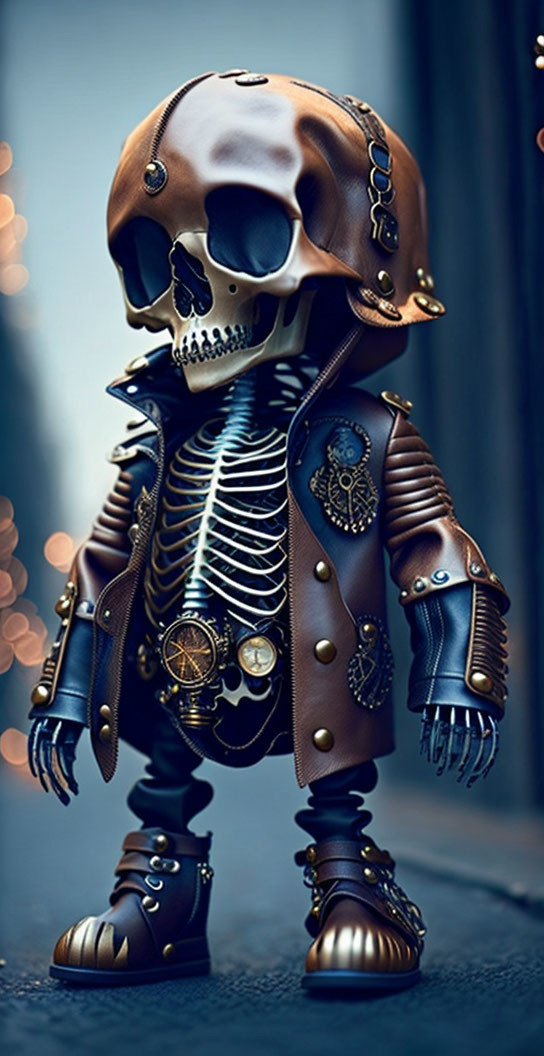 Stylized skeleton in steampunk attire with leather jacket and goggles
