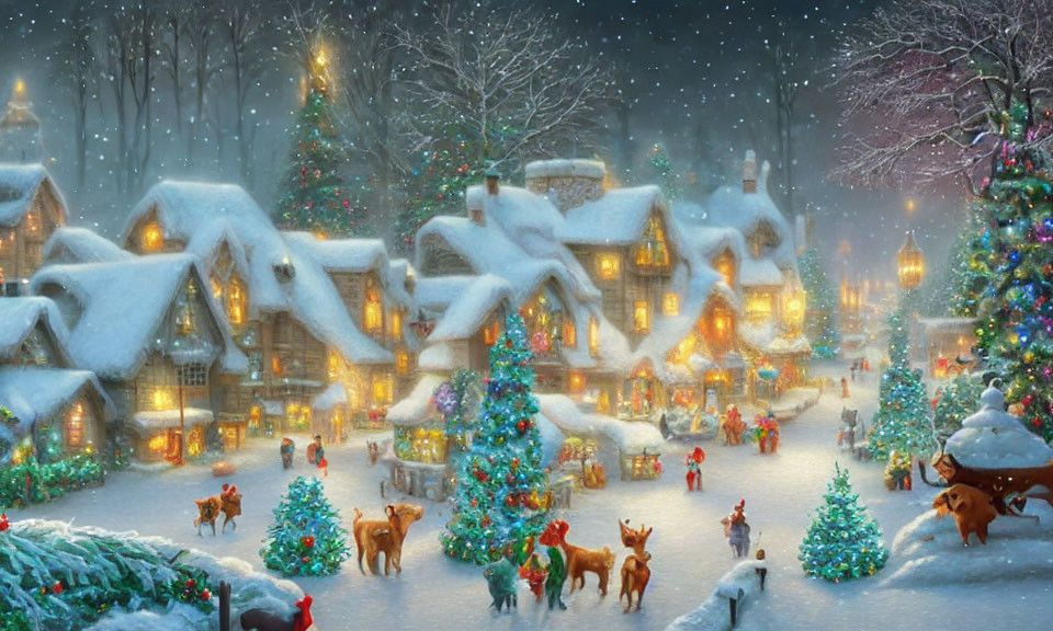 Snowy Winter Village with Christmas Lights and Cozy Houses