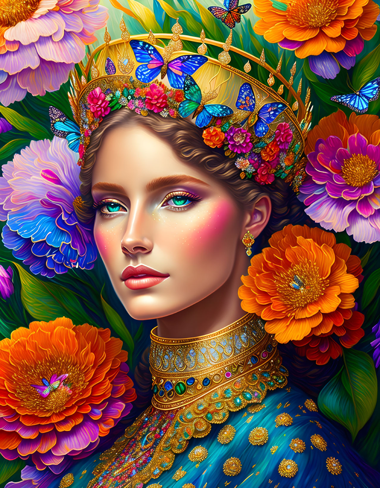 Colorful woman with floral crown and butterflies in bejeweled blue dress