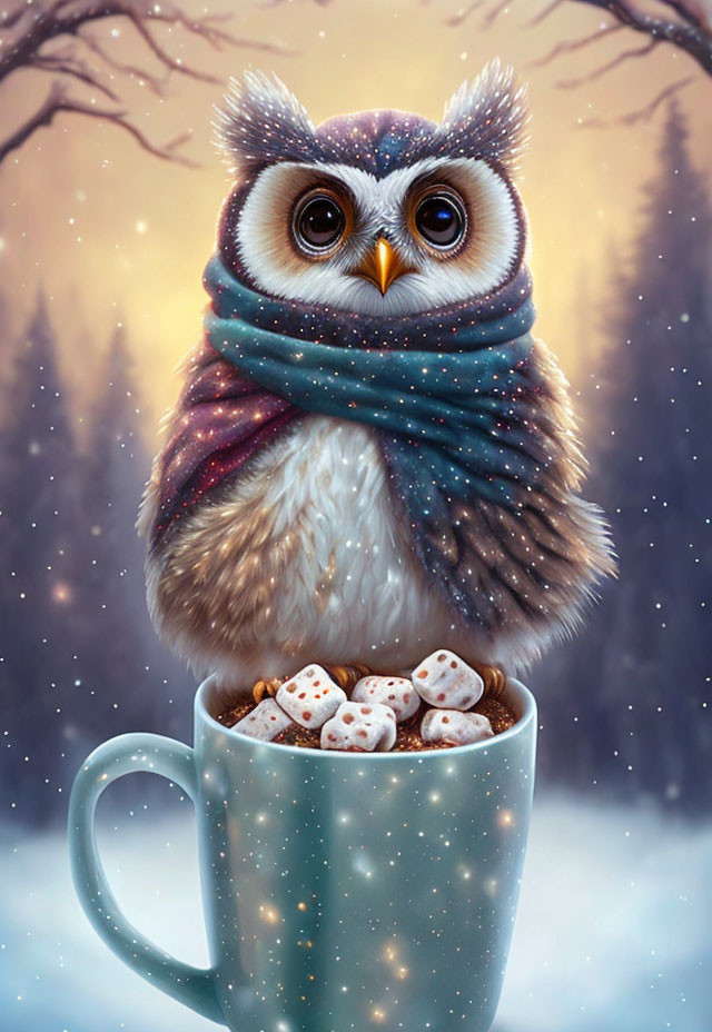 Illustrated owl with scarf on mug among marshmallows in snowy twilight