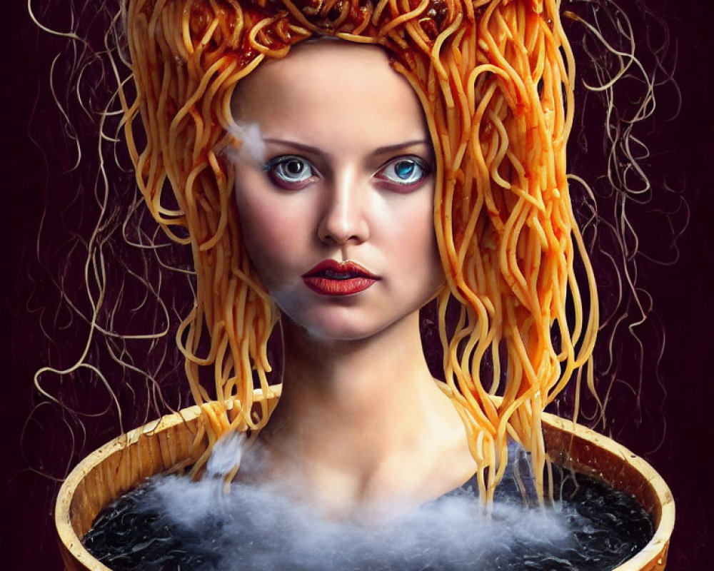 Surreal portrait: woman with ramen noodle hair in wooden bowl