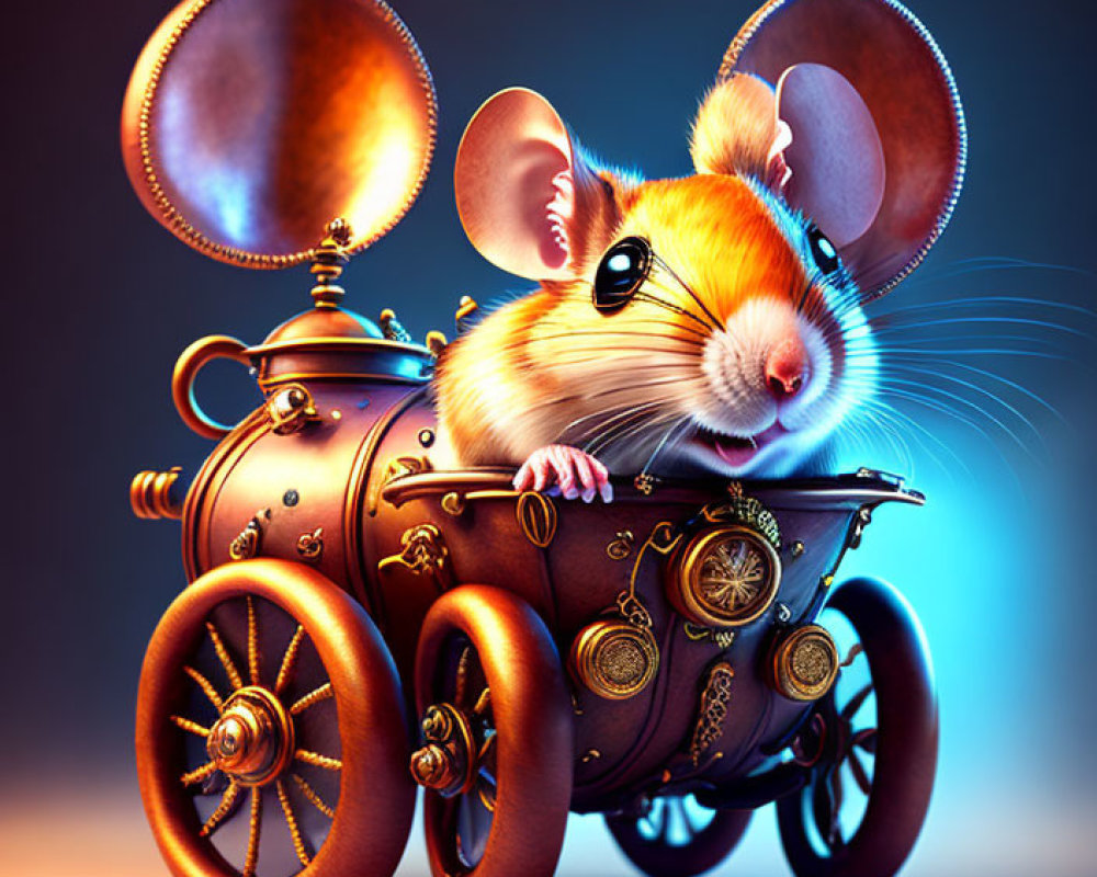 Steampunk-style teapot vehicle with anthropomorphic mouse pilot