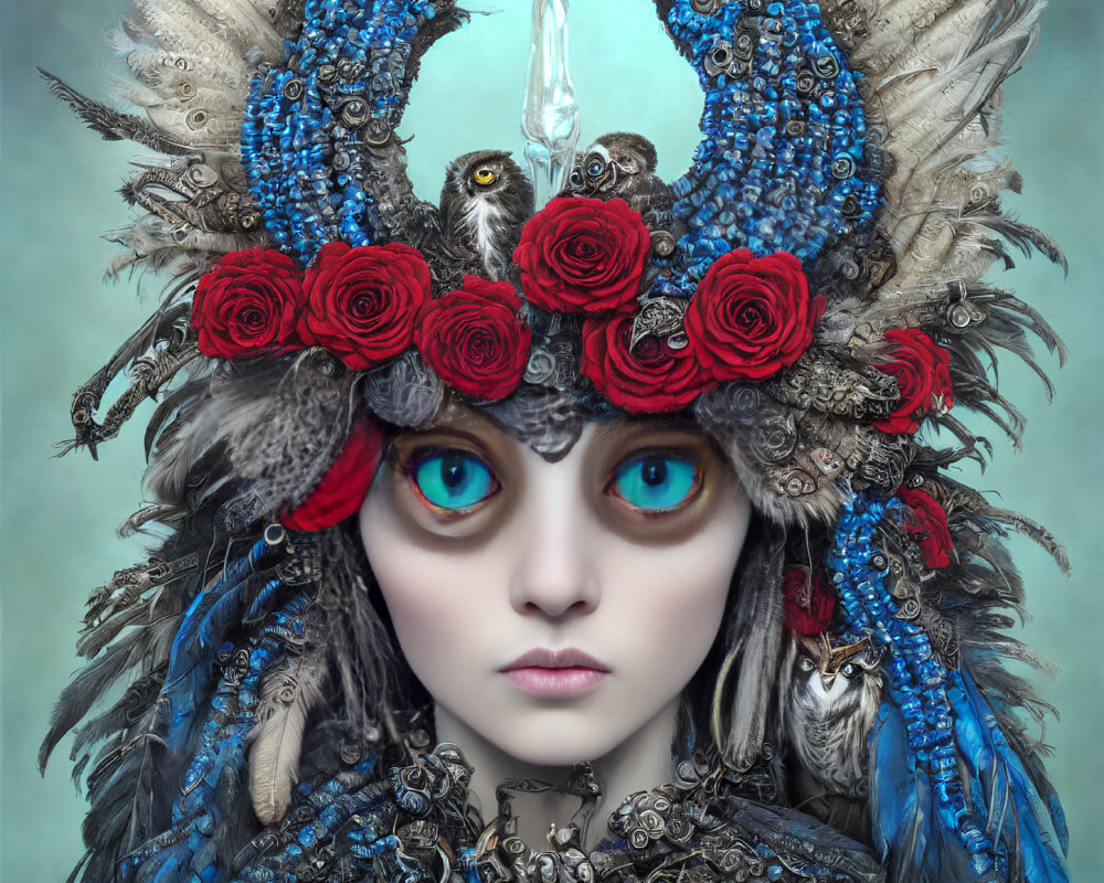 Portrait of person with blue eyes in elaborate peacock feather headdress