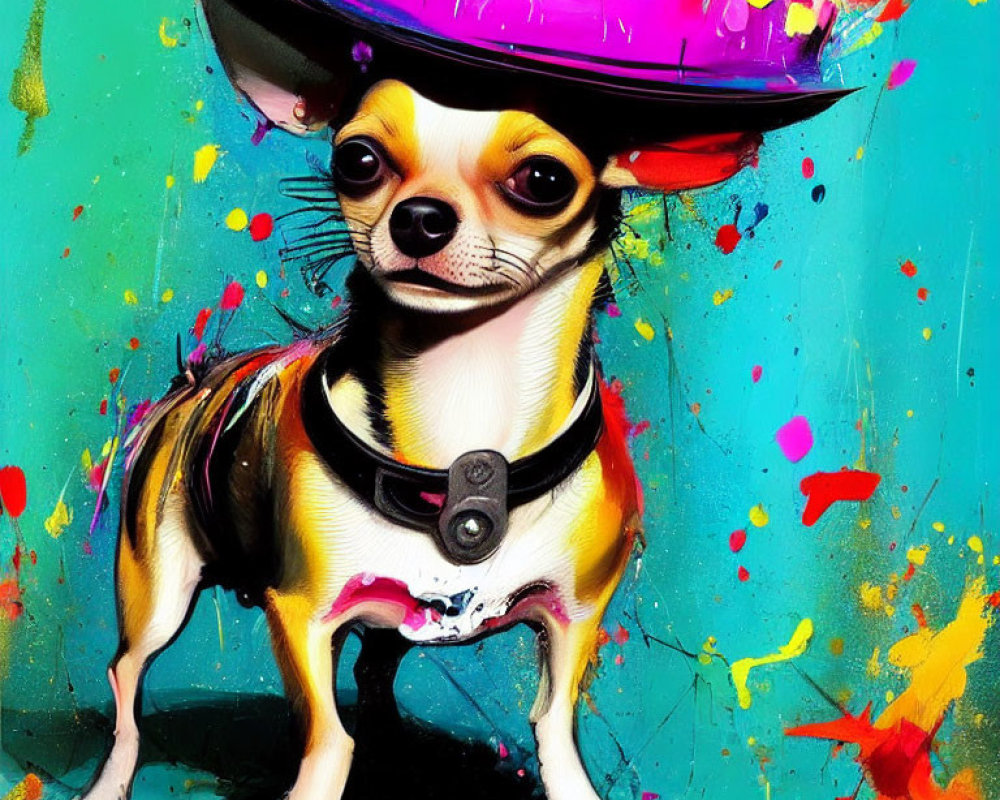 Vibrant Chihuahua Artwork with Sombrero on Painted Background