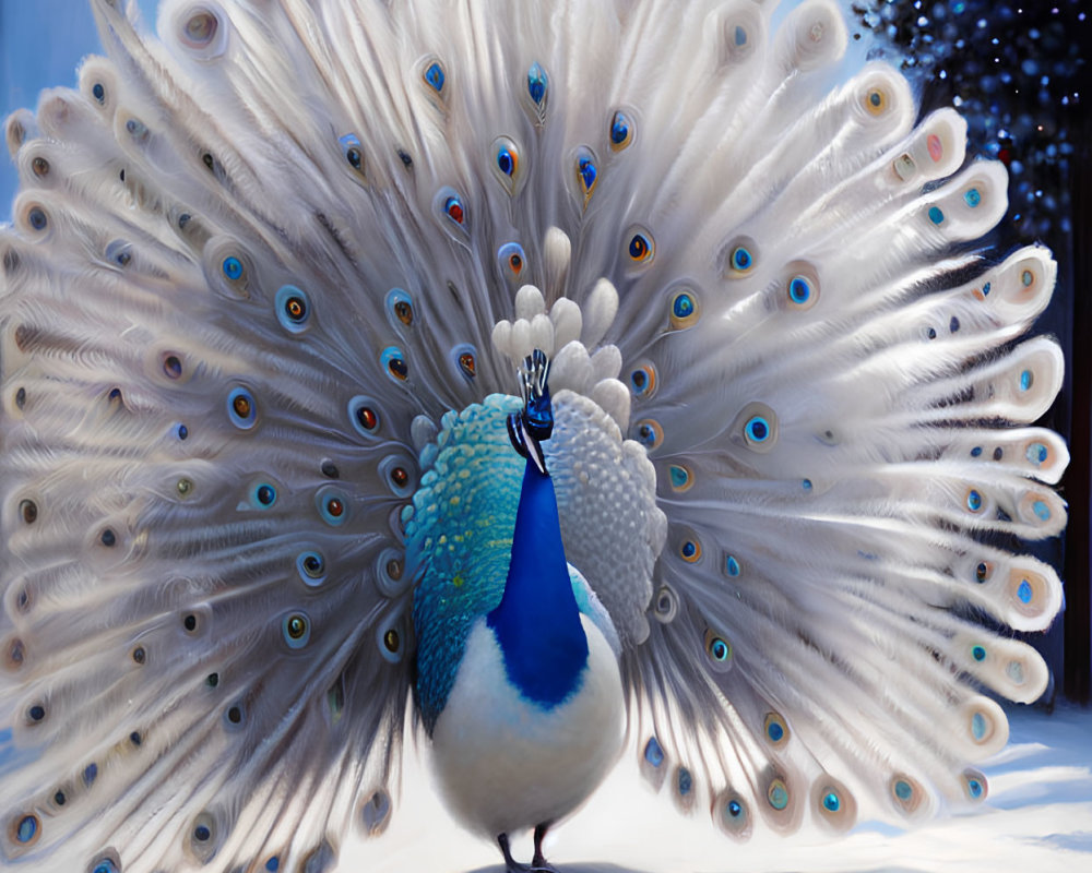 Colorful peacock with vibrant eyespots in snowy landscape