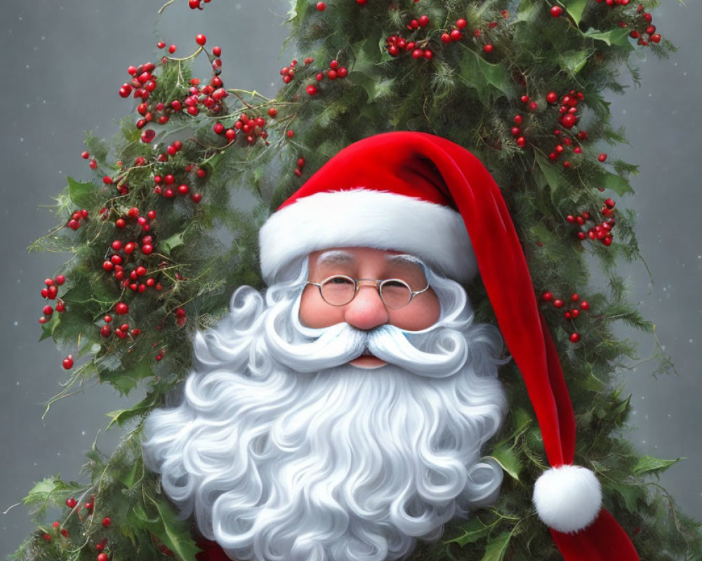 Festive Santa Claus peeking through Christmas wreath with red berries