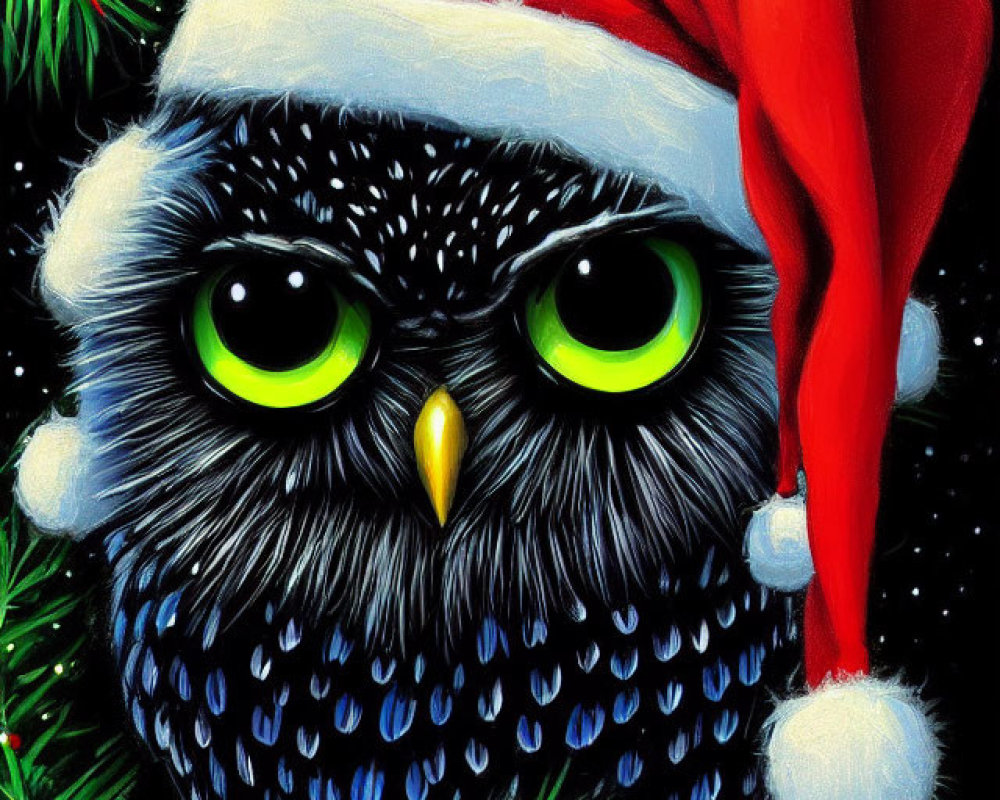 Colorful Owl in Santa Hat Surrounded by Pine Branches on Starry Night