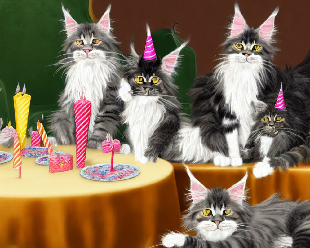 Illustrated fluffy cats with party hats celebrating around a birthday cake