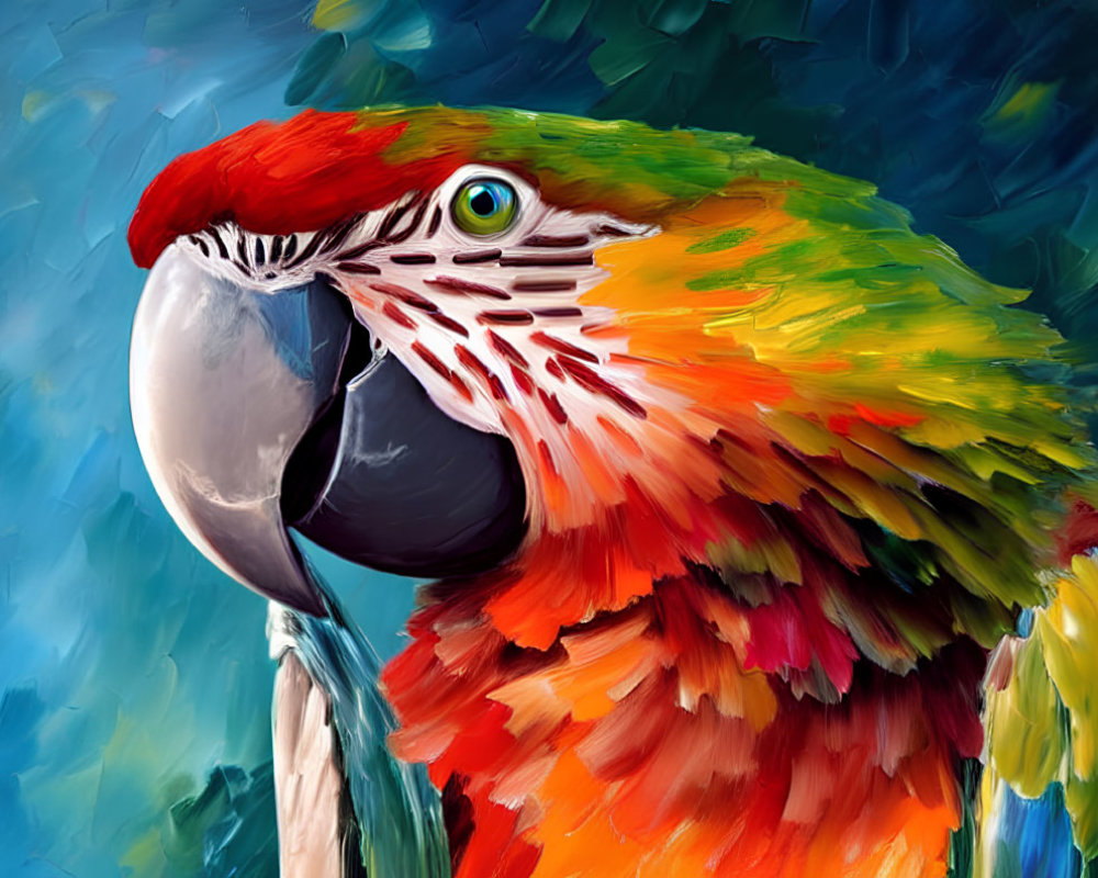 Detailed digital painting of a colorful macaw's eye and feathers on blue background