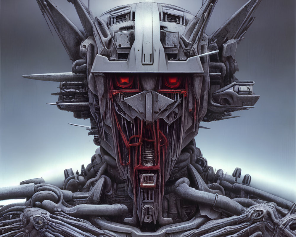 Intricate robotic head with glowing red eyes and complex mechanical components.