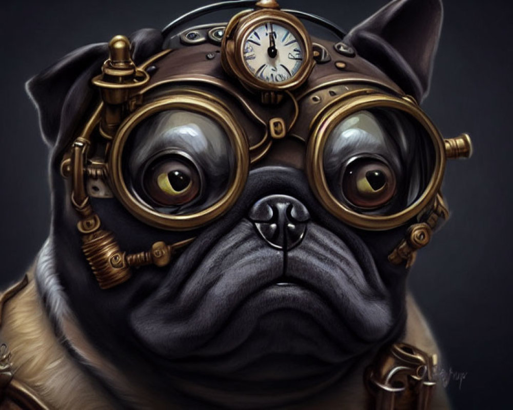 Steampunk-style pug digital artwork with clock and brass details