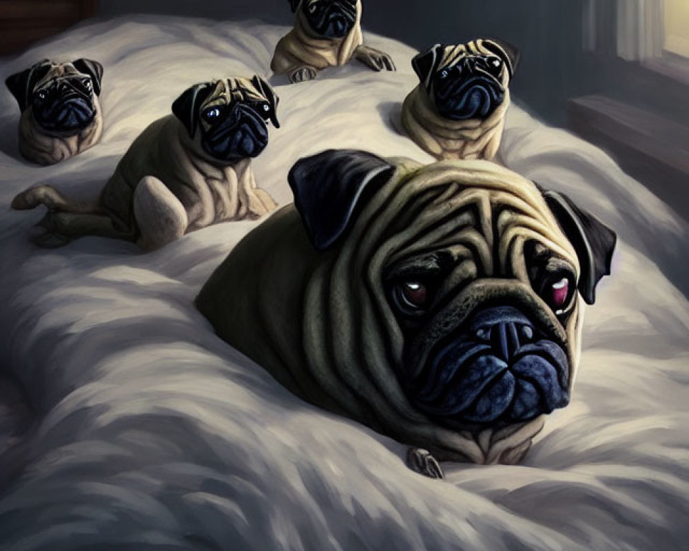 Five expressive pugs on bed, one in foreground, soft bedroom lighting