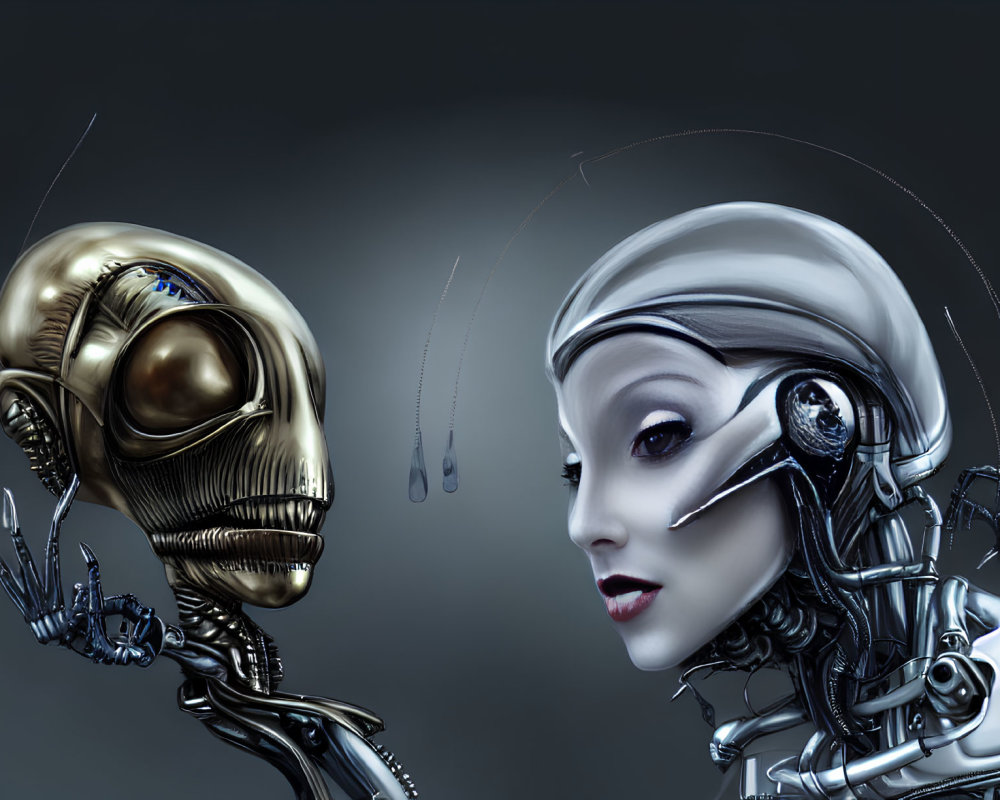 Detailed Digital Art: Gold and Silver Robotic Heads Facing Each Other