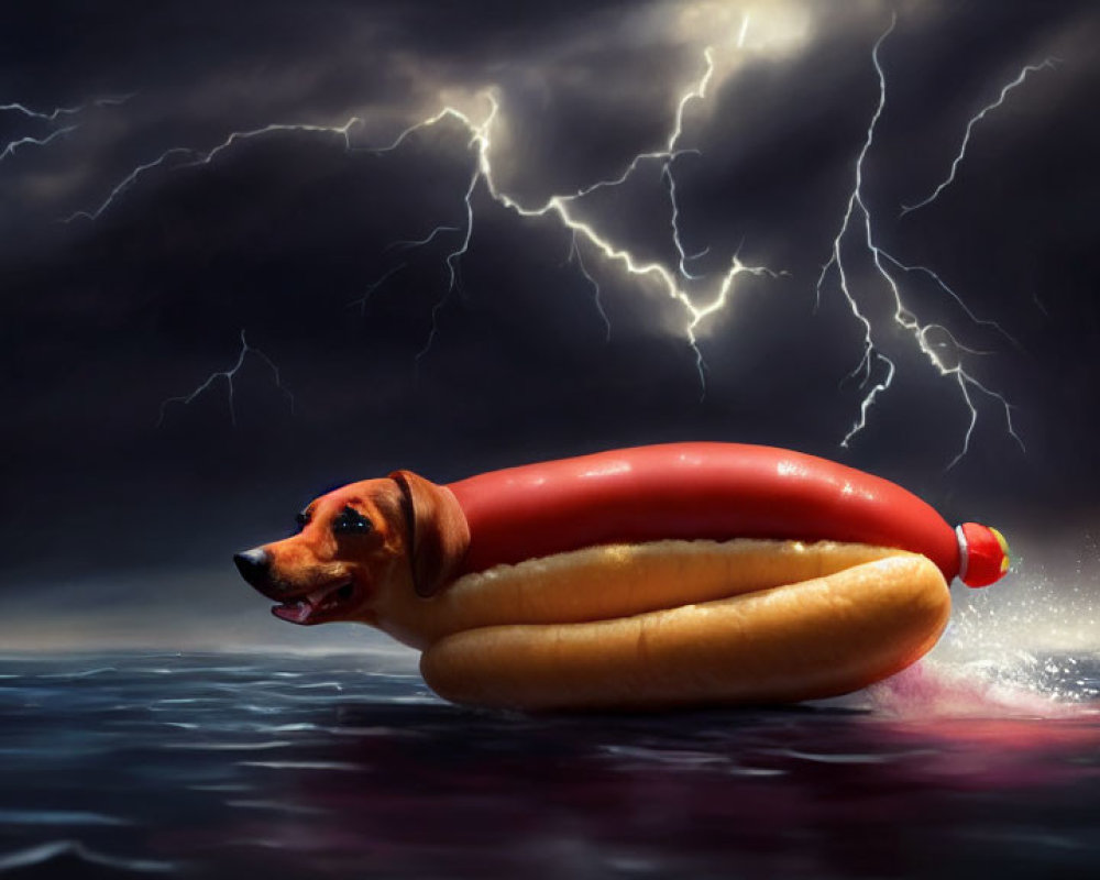 Whimsical dachshund hot dog bun art with lightning backdrop