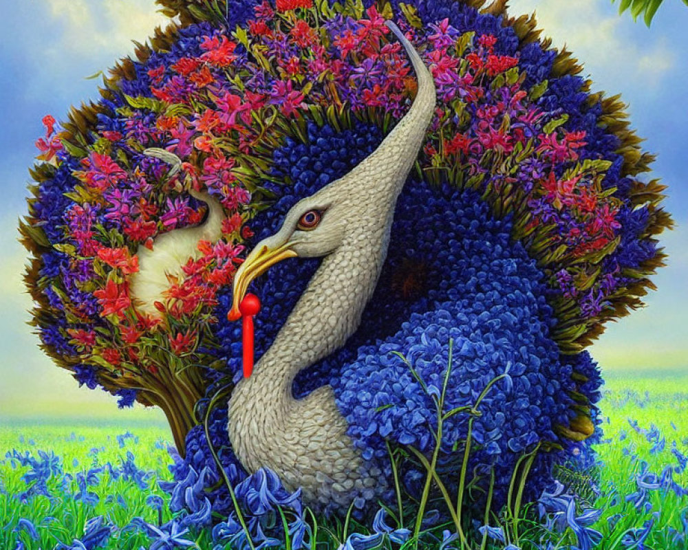 Colorful peacock with floral plumage on green field and blue sky