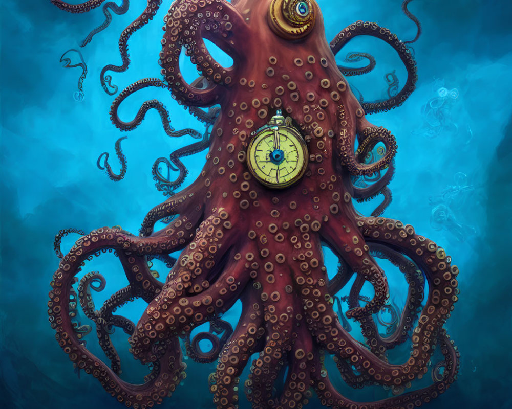 Steampunk octopus with clock head in blue underwater scene