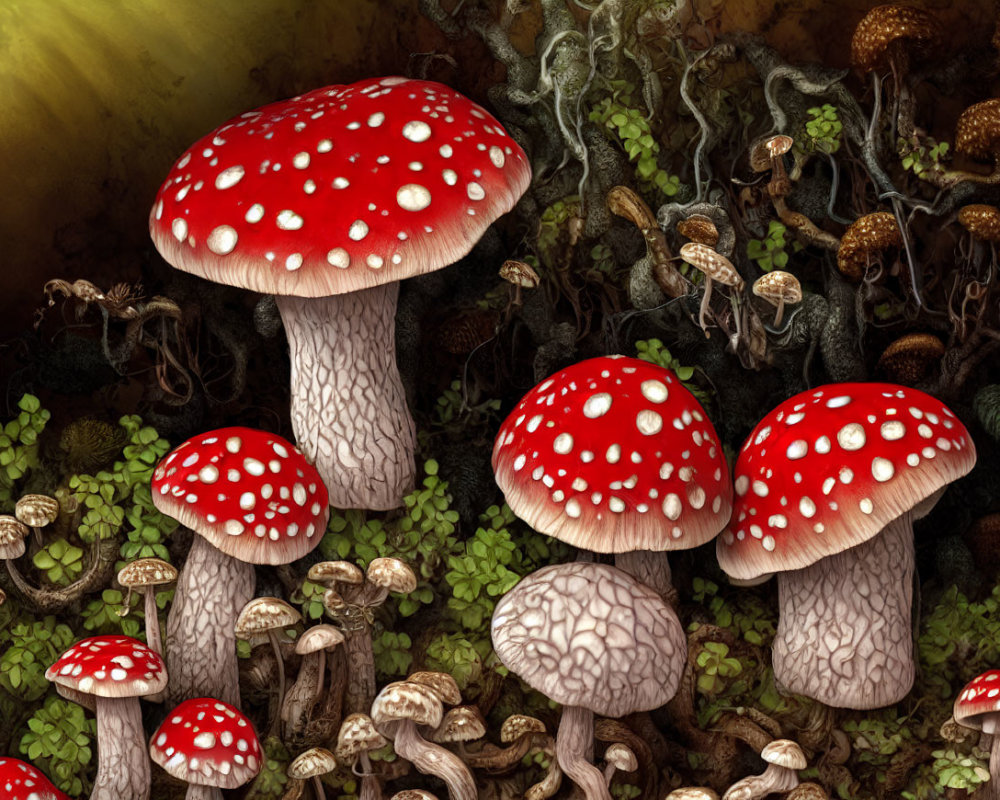 Diverse Mushrooms in Forest Setting with Red and Brown Fungi