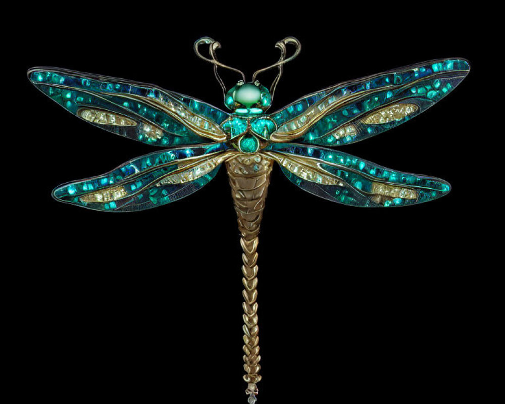 Gold Dragonfly Brooch with Turquoise and Diamond Accents on Black Background