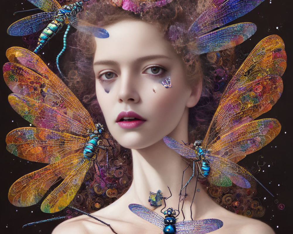 Surreal portrait of a woman with dragonfly wings and insects on dark background