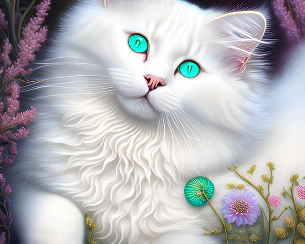 Fluffy white cat with turquoise eyes amidst purple flowers and fantasy plants