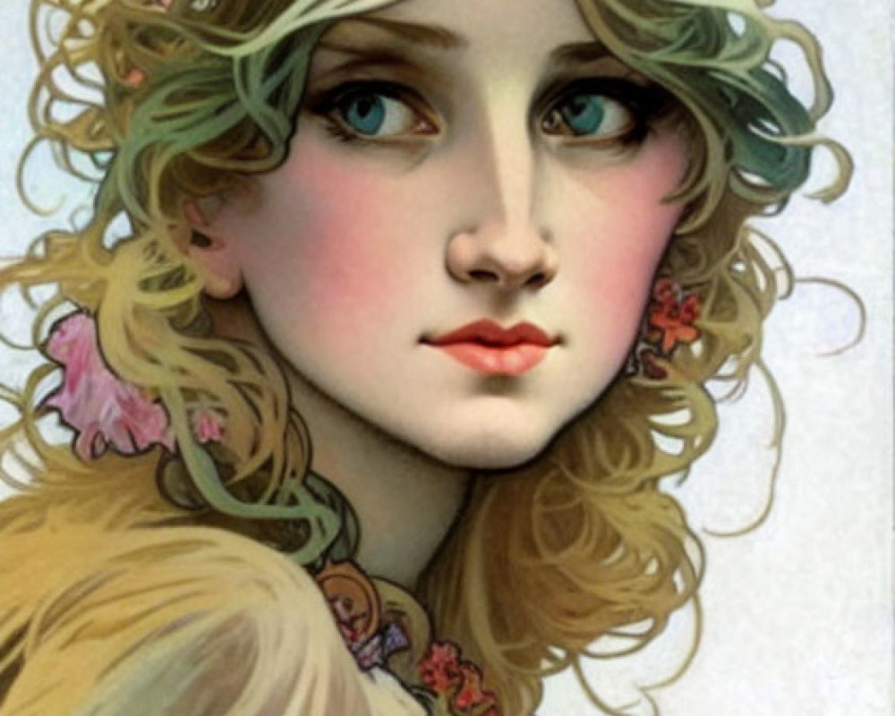 Stylized portrait of young woman with blonde hair and floral accents