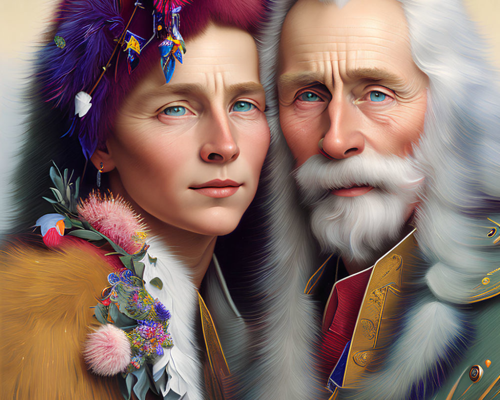 Detailed digital artwork of young woman and older man in vibrant, colorful attire